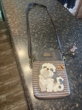 Chala Brown Striped Crossbody with Dog Appliqué